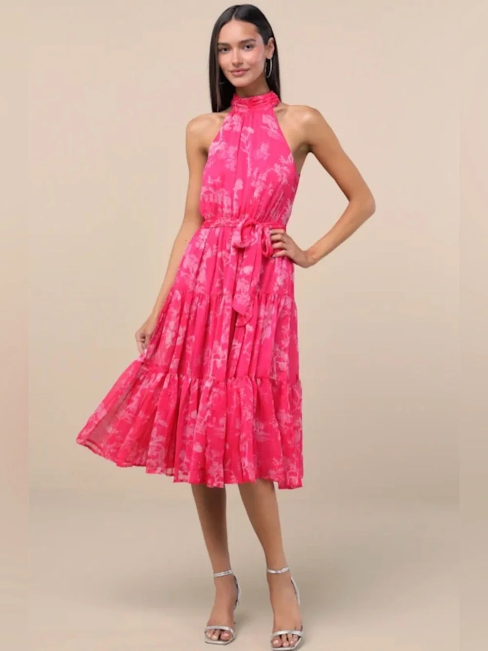 Lulus Float to You Halter-Neck Tiered Midi Dress L NWT - Picture 1 of 7